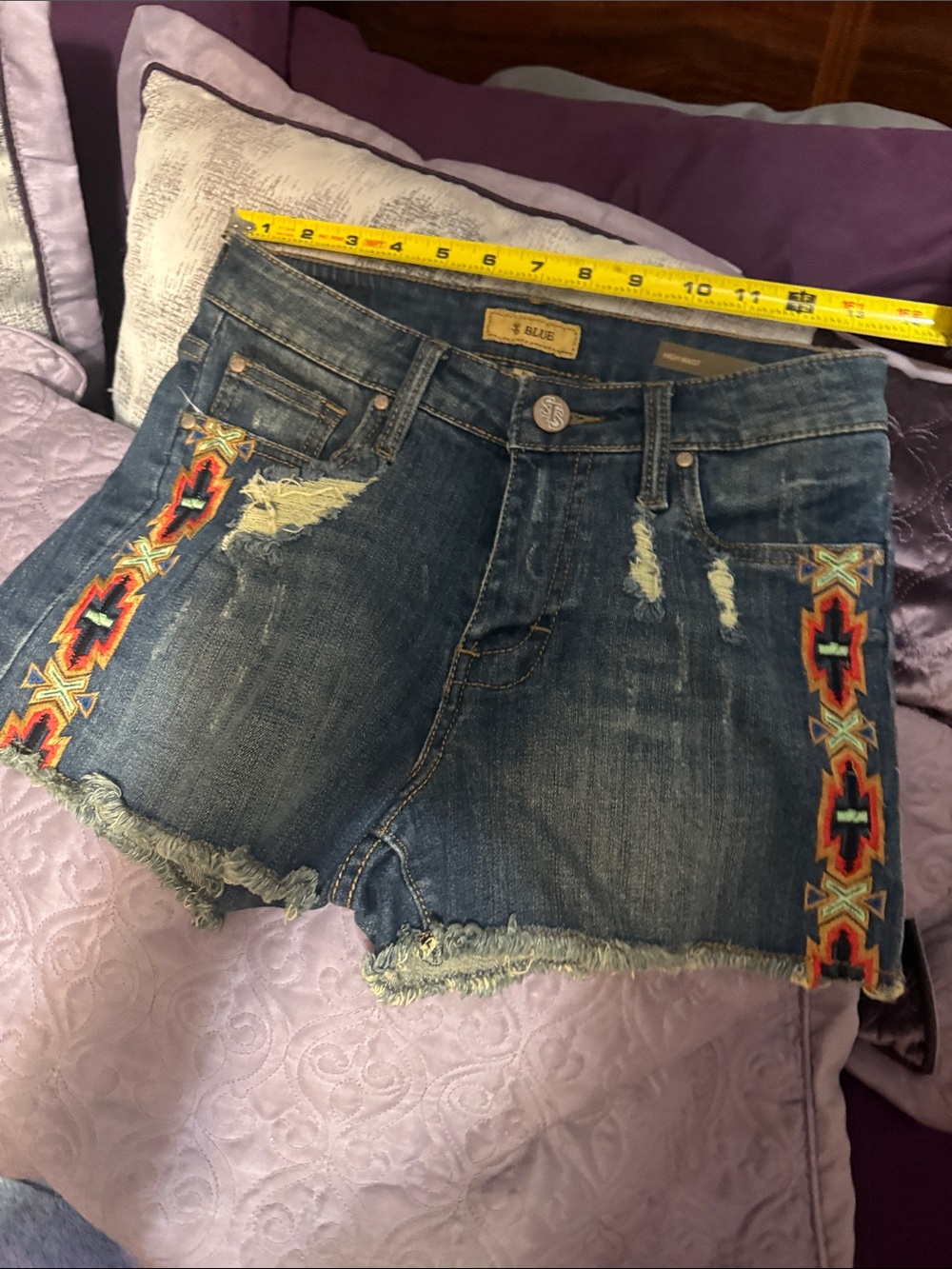 STS Blue Embroidered Dark Blue Denim Cutoff Shorts